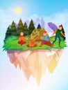 Family Adventure Camping Nature Scene. Tent, Campfire, tourists, Pine forest, mountains on flying island background