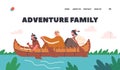Family Adventure Landing Page Template. Native Indian American Kids Canoeing, Children Rowing in Wooden Canoe Boat