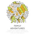 Family adventure and outdoor activities hand draw icon concept. Family travel icons in one round form with decorative