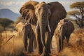 Family of African elephants advancing along a trail Royalty Free Stock Photo