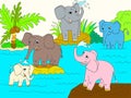 Family of African elephants color book for children cartoon raster