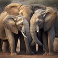 A family of African elephants crossing a muddy river