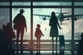 Family at airport travelling with young child and luggage walking to departure gate. Air travel concept. AI Generation Royalty Free Stock Photo