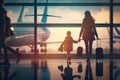 Family at airport travelling with young child and luggage walking to departure gate. Air travel concept. AI Generation Royalty Free Stock Photo