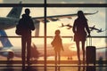 Family at airport travelling with young child and luggage walking to departure gate. Air travel concept. AI Generation Royalty Free Stock Photo