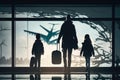 Family at airport travelling with young child and luggage walking to departure gate. Air travel concept. AI Generation Royalty Free Stock Photo