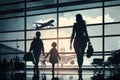 Family at airport travelling with young child and luggage walking to departure gate. Air travel concept. AI Generation Royalty Free Stock Photo