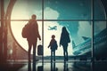 Family at airport travelling with young child and luggage walking to departure gate. Air travel concept. AI Generation Royalty Free Stock Photo