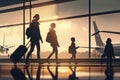 Family at airport travelling with young child and luggage walking to departure gate. Air travel concept. AI Generation Royalty Free Stock Photo