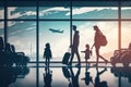 Family at airport travelling with young child and luggage walking to departure gate. Air travel concept. AI Generation Royalty Free Stock Photo