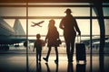 Family at airport travelling with young child and luggage walking to departure gate. Air travel concept. AI Generation Royalty Free Stock Photo