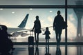 Family at airport travelling with young child and luggage walking to departure gate. Air travel concept. AI Generation Royalty Free Stock Photo