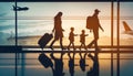 Family at airport travelling with young child & luggage walking to departure gate, girl pointing at airplanes through window, Royalty Free Stock Photo