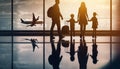 Family at airport travelling with young child & luggage walking to departure gate, girl pointing at airplanes through window, Royalty Free Stock Photo