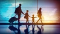 Family at airport travelling with young child & luggage walking to departure gate, girl pointing at airplanes through window, Royalty Free Stock Photo