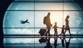 Family at airport travelling with young child & luggage walking to departure gate, girl pointing at airplanes through window, Royalty Free Stock Photo