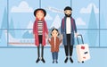 Family at airport. Trendy young couple with baby and luggage. Horizontal banner with mountains and airplane on