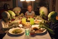 family of aliens enjoying time together around the dinner table, sharing a feast