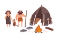 Family of ancient people, cavemen, primitive men or archaic human. Mother, father and son standing beside their dwelling