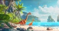 A family of animated dinosaurs exploring a tropical beach, vibrant colors, vacation vibes, 3D rendering Royalty Free Stock Photo