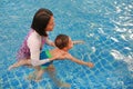 Family of Asian mother teaching baby boy swimming pool Royalty Free Stock Photo