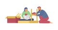 Family assembling furniture by themselves, flat vector illustration isolated.