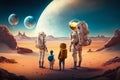 Family Astronauts Tourists Colonizers Vacation Trip on other Planet. Generative AI Royalty Free Stock Photo