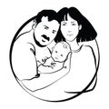 Family with baby. Father and mother hug their child. Black and white logo of a young family. Linear Art. Tattoo.