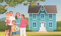 Family on the background of a two story house. Buying or renting a home. Moving to a new house. Father, mother, children and pet