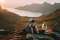 Family with backpacks hiking mountains travel adventure active vacations mother and father with child group hikers outdoor Royalty Free Stock Photo