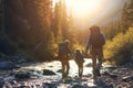 Family with backpacks trekking along a river bank, immersed in golden sunset light filtering through forest trees. Royalty Free Stock Photo