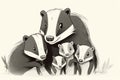 Family of badgers mom, dad and three children, white-black drawing. Generative AI