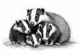 Family of badgers - mother with three children, black and white pencil image. Generative AI