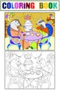 Family of badgers in their house in the kitchen coloring book for children cartoon raster illustration. Color, Black and