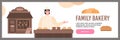 Family bakery banner or leaflet with baker character flat vector illustration.