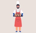 Family bakery concept with happy man baker holding tray of baguettes. Dough maker with bread