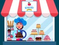 Family bakery shop vector illustration. Confectioner girl woman holding delicious chocolate cake. Bakery sign board