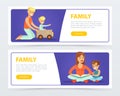Family banners set, happy parents playing and reading books with their kids flat vector element for website or mobile