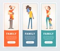 Family banners set, happy and tired parents with their children flat vector element for website or mobile app