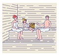 Family bathing in sauna or banya. Parents with kid in towels relaxing in spa