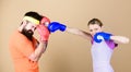 Family battle. Man and woman in boxing gloves. Boxing sport concept. Couple girl and hipster practicing boxing. Sport Royalty Free Stock Photo