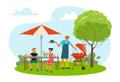 Family at bbq picnic in summer park, vector illustration. Father children character eat food together at weekend, happy Royalty Free Stock Photo