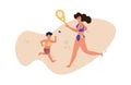 Family beach activity. People in swimsuits playing tennis. Mother and son playing on send, woman and child resting at