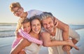 Family, beach and happy kids with quality time together on a summer vacation travel in the sun. Happiness of mother, man Royalty Free Stock Photo