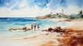 Family Beach Holiday Vacation Sea Concept. Watercolor Painting Artwork Royalty Free Stock Photo