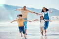 Family, beach and parents running with children for bonding, quality time and adventure together. Travel, love and happy Royalty Free Stock Photo