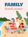 Family beach picnic banner or poster with couple, cartoon vector illustration.