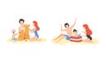 Family at Beach Scene with Father, Mother and Kid Having Fun Building Sand Castle and Splashing in Water Vector Set Royalty Free Stock Photo