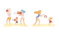 Family at Beach Scene with Father, Mother and Kid Having Fun Playing Volleyball and Water Pistol Vector Set