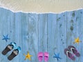 Family. Beach, slippers, and sealine Royalty Free Stock Photo